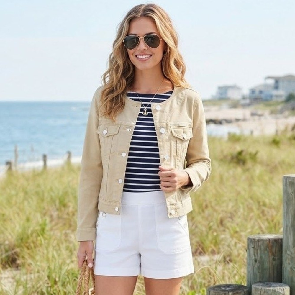 Tan Denim Jacket Womens Small Stretch Casual Utility Safari Fall Preppy Travel